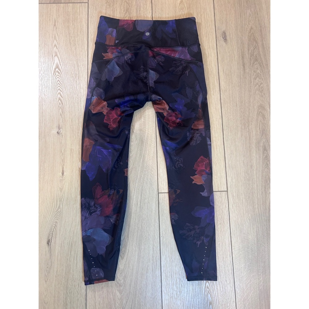 Athleta Rainier Printed Tight Leggings Medium Purple Blue Floral Zip Pockets - Picture 7 of 9